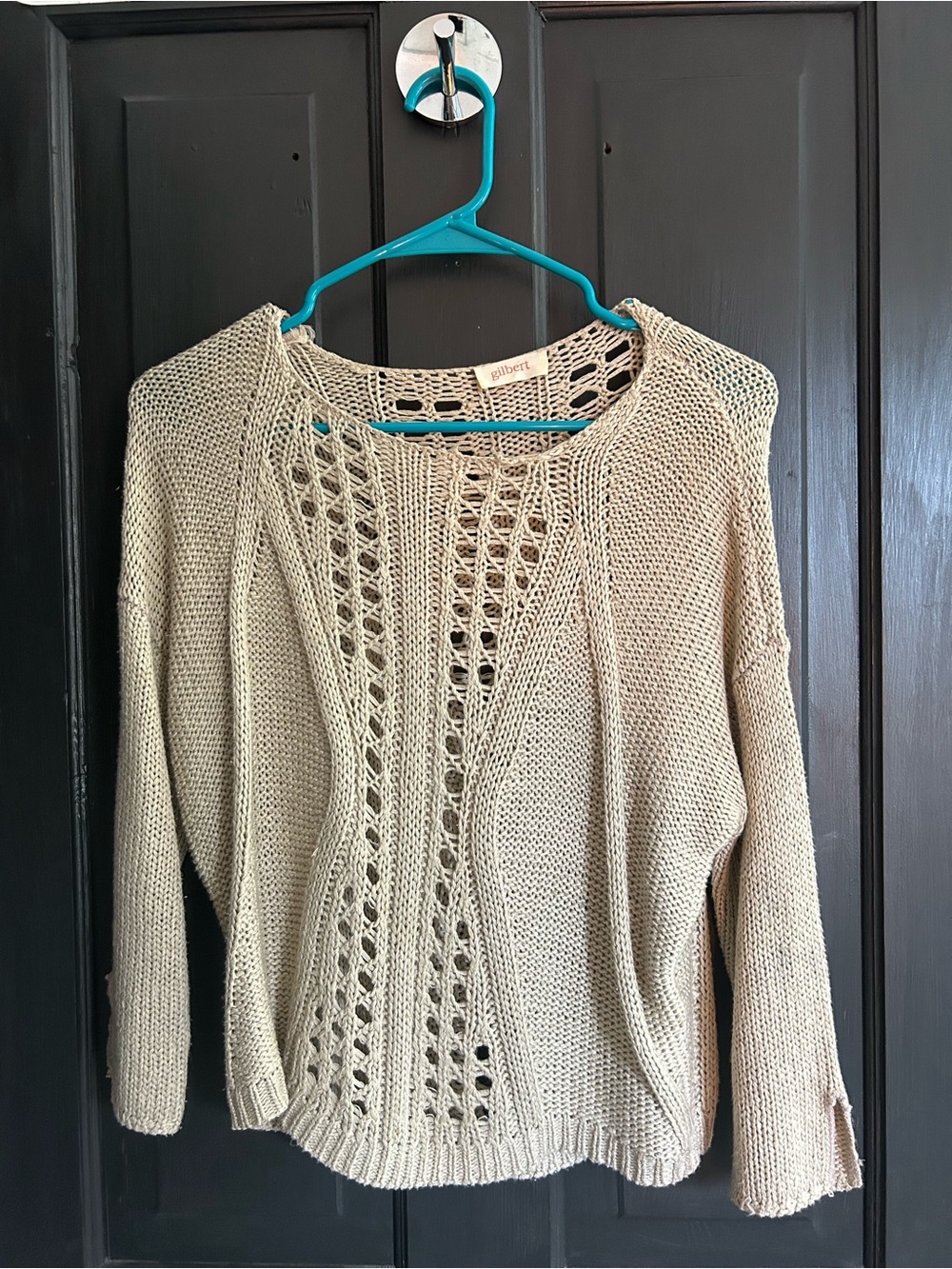 Ribbed Open-Knit Crewneck Sweater - Beige
